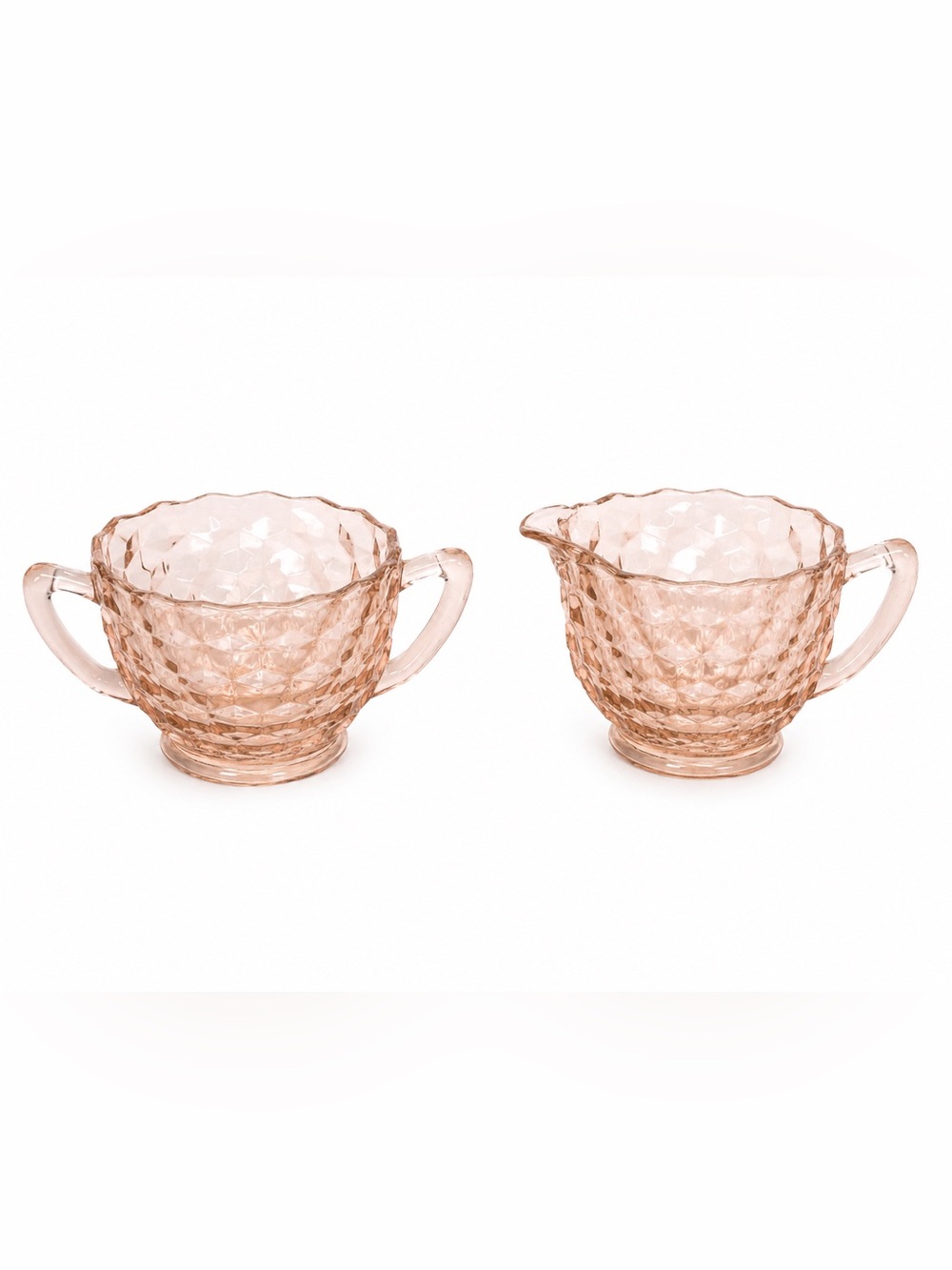 Vintage 1930’s Depression Pink Jeannette Glass Cubist Sugar Bowl & Creamer